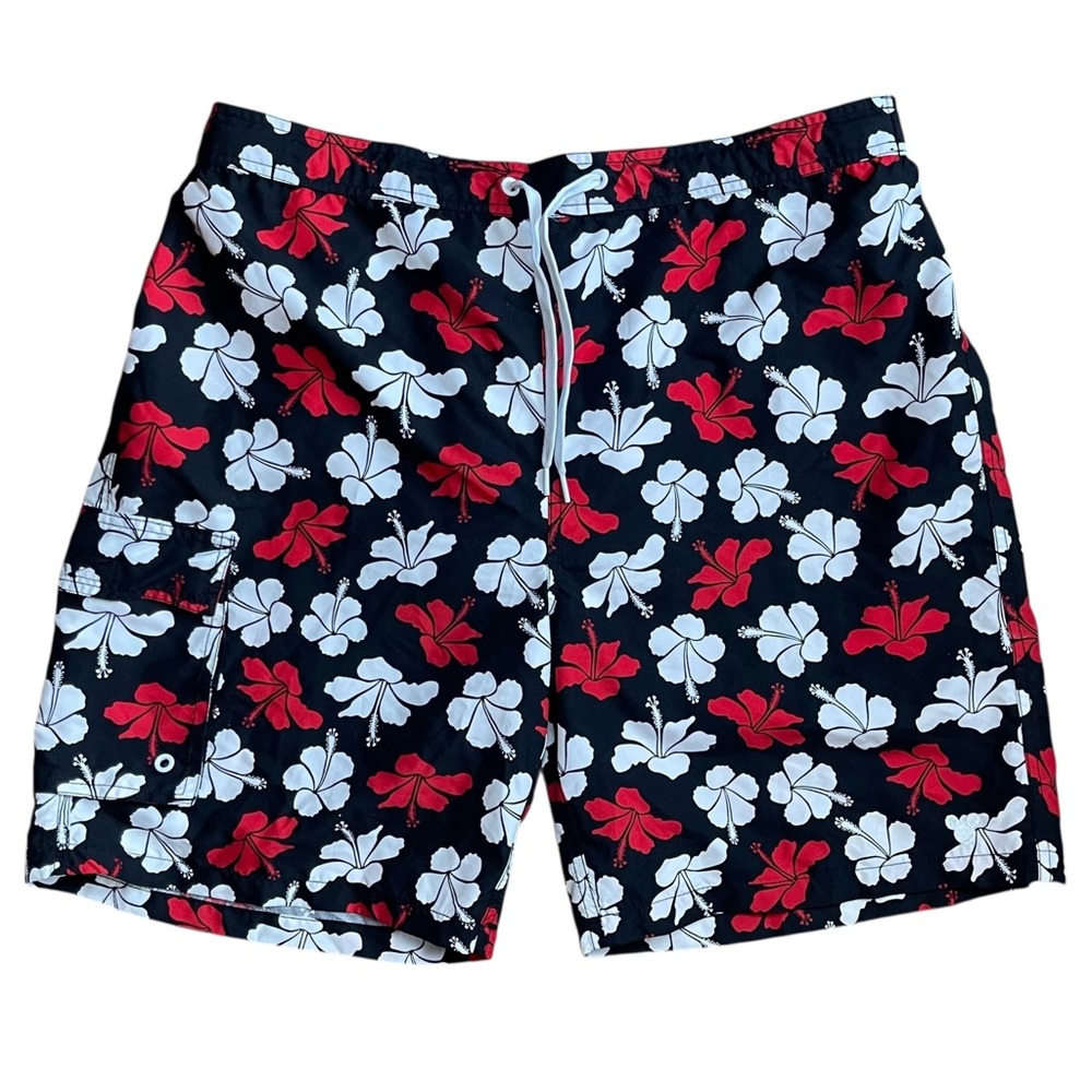 Disney Parks Mens Swim Trunks XL Mickey Hawaiian Hibiscus Red White Black Lined